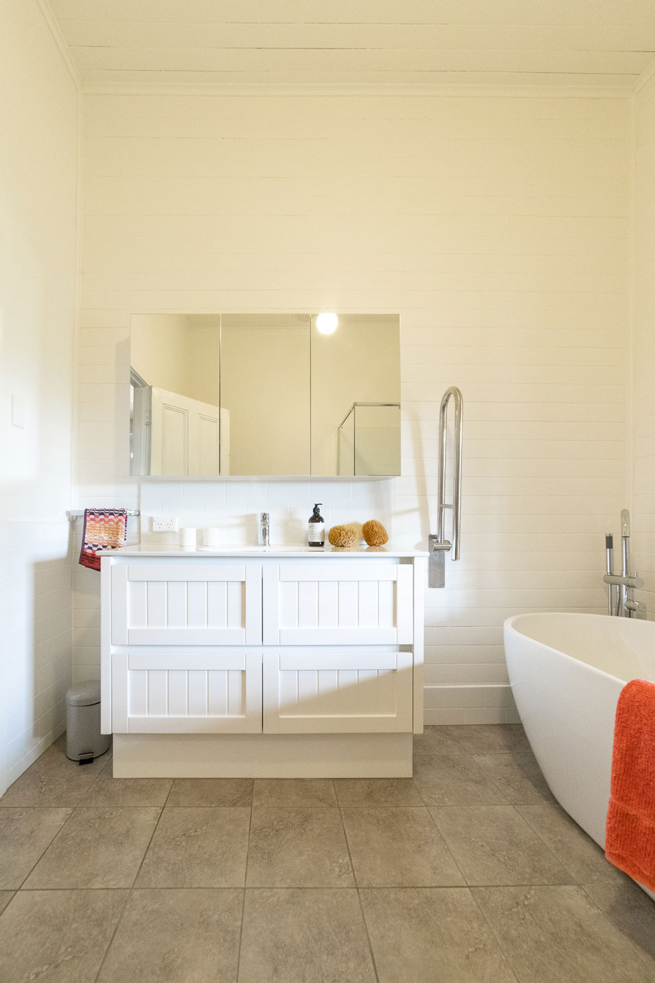 Farmhouse style Bathroom featuring white hampton vanity and freestanding bathtub in Corndale NSW 2480 by Northern Rivers Bathroom Renovations