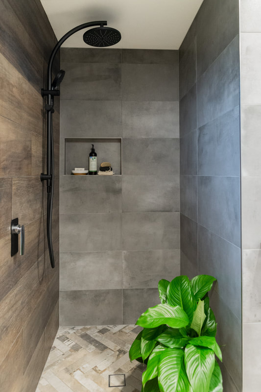 walk in shower, industrial bathroom design, grey concrete look wall tile and timber look tile, Ballina NSW