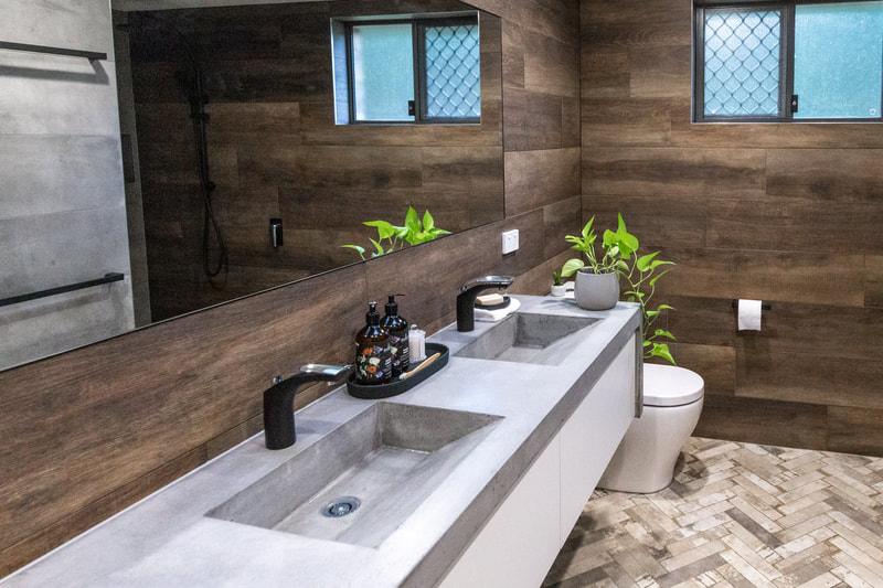 Industrial bathroom design, main bathroom, double bowl concrete vanity Ballina NSW 