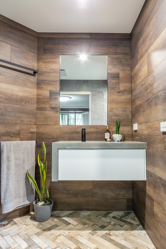 Concrete top Vainty in Contemporary industrial bathroom design in Alstonville NSW Australia