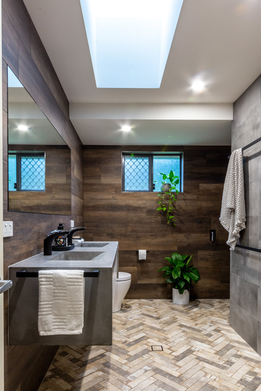 Industrial bathroom design, main bathroom, timber look tiles and herringbone floor tiles. Ballina NSW 