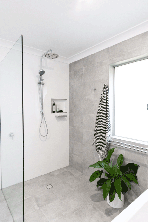 Grey & white tiled walk in shower with niche in bathroom renovation, Ballina NSW